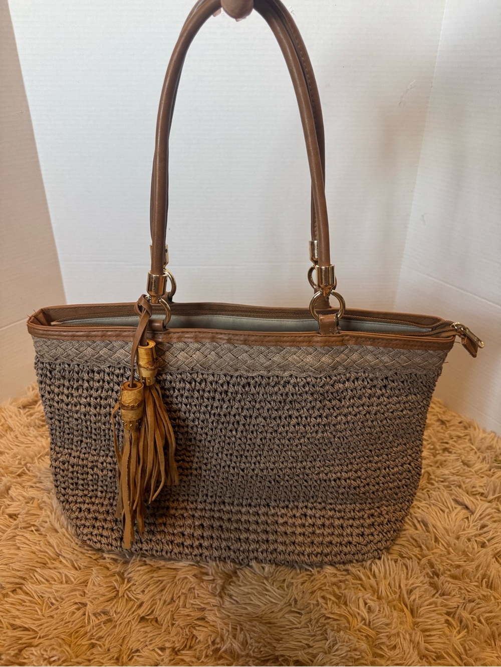Woven Shoulder Tote Bag with Tassel Detail - Brown